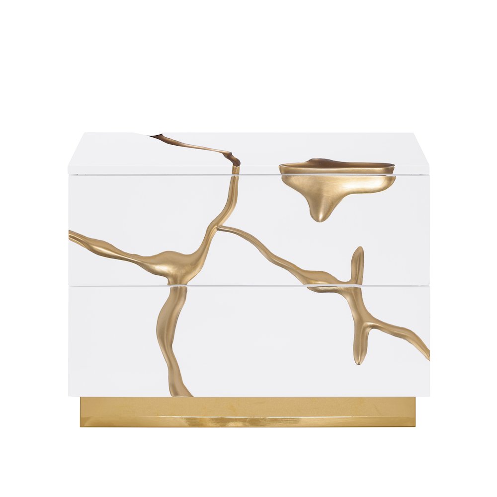 Trevello High-Gloss Lacquered Right Nightstand, Gold Accents (White). Picture 2