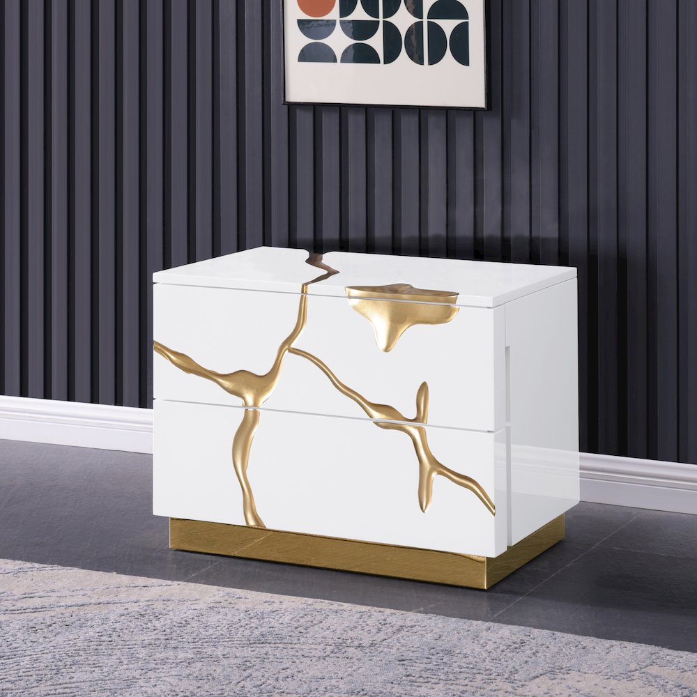 Trevello High-Gloss Lacquered Right Nightstand, Gold Accents (White). Picture 9
