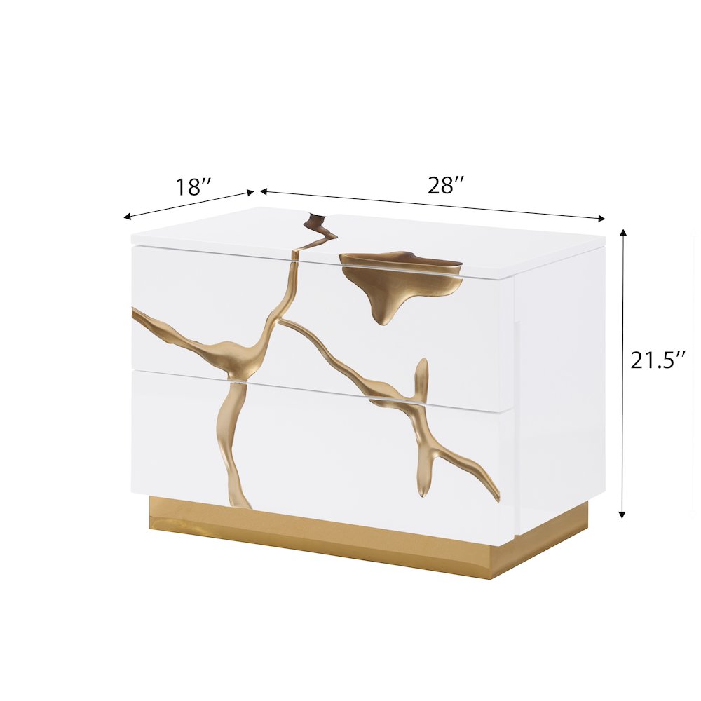 Trevello High-Gloss Lacquered Right Nightstand, Gold Accents (White). Picture 4