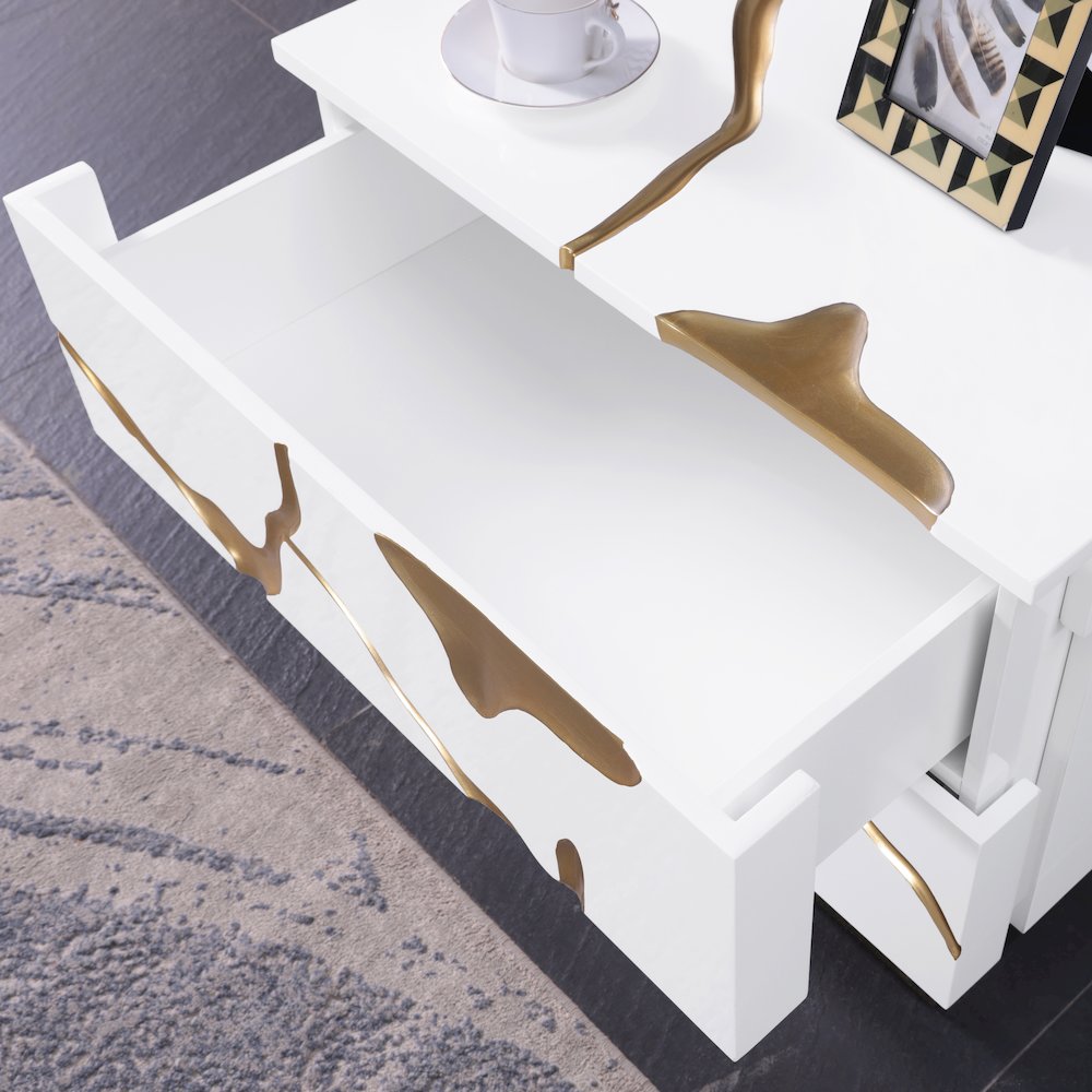 Trevello High-Gloss Lacquered Right Nightstand, Gold Accents (White). Picture 8