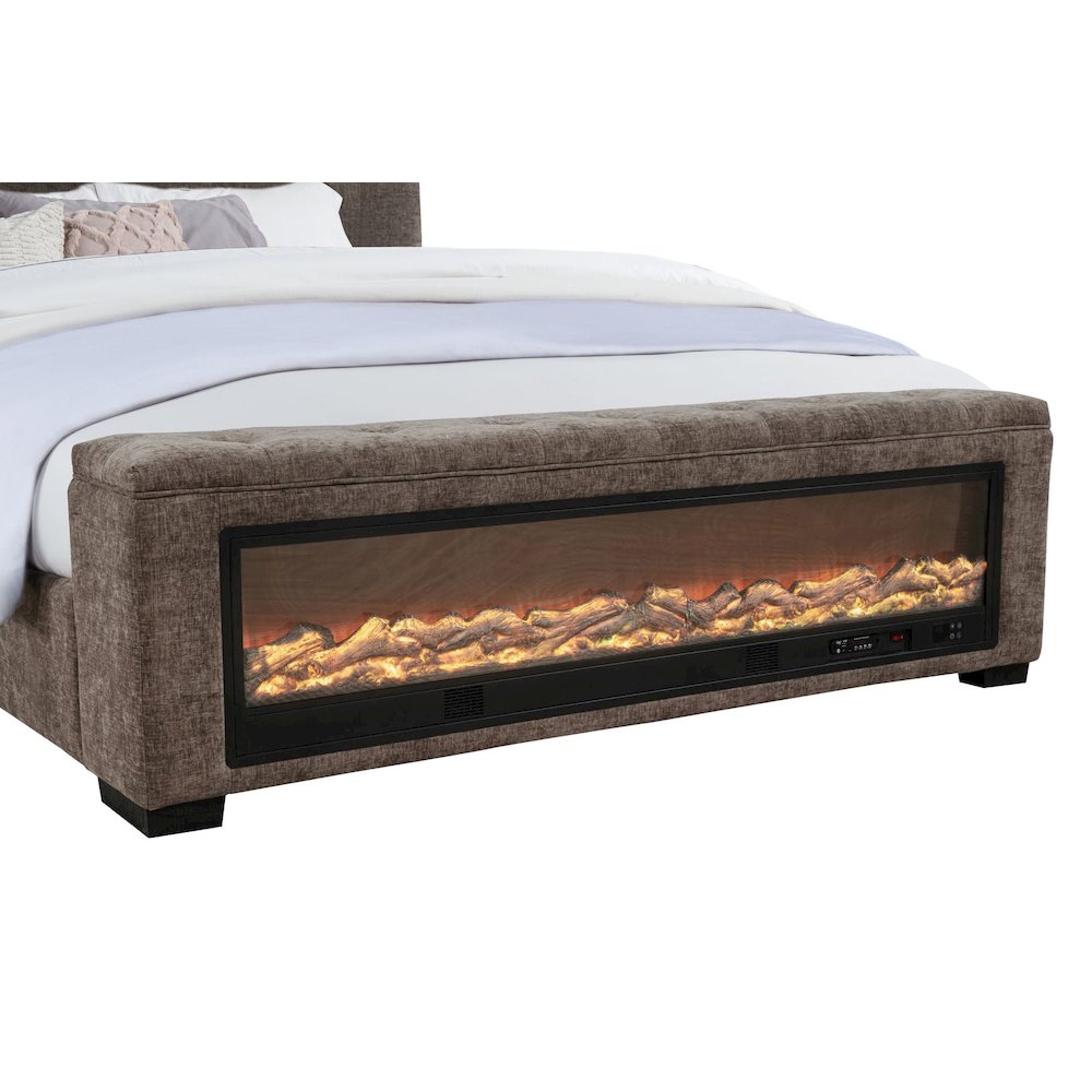 Upholstered Bed Frame with LED Fireplace Footboard, Eastern King, Grey Chenille. Picture 6