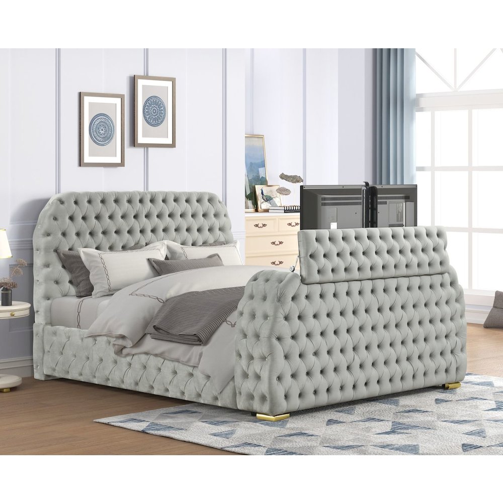 Brielle Upholstered Velvet Bed Frame with TV Stand & Fireplace, Queen, Grey. Picture 6