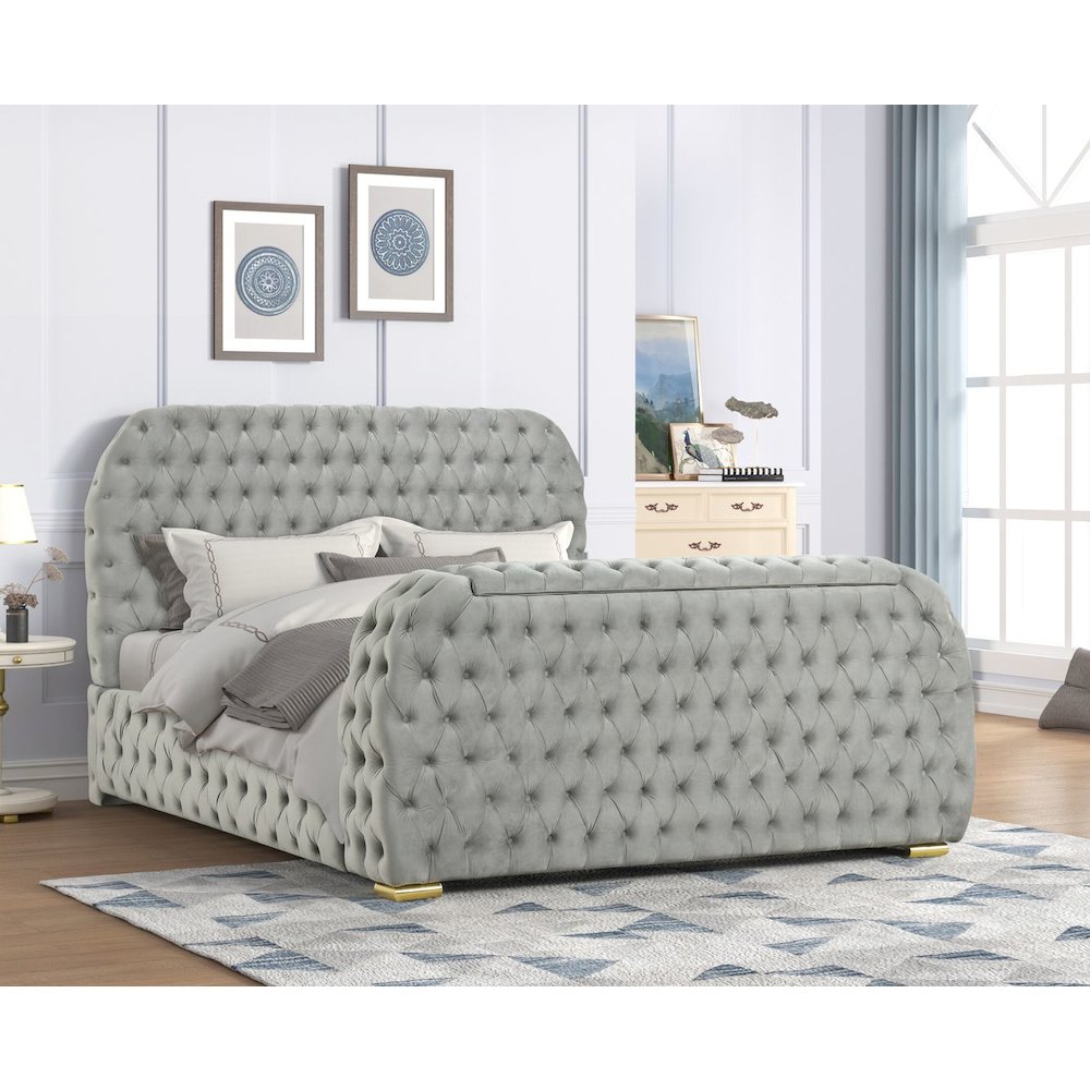 Brielle Upholstered Velvet Bed Frame with TV Stand & Fireplace, Queen, Grey. Picture 5