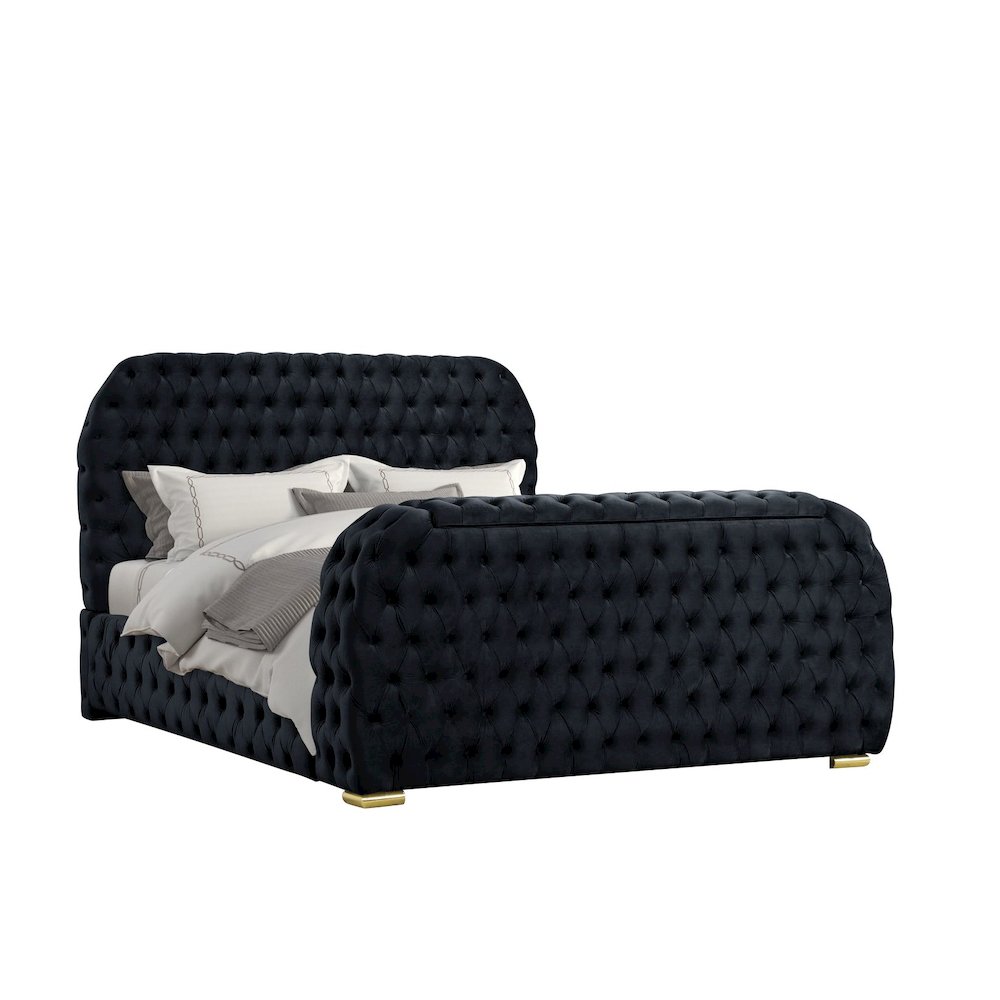 Brielle Upholstered Velvet Bed Frame with TV Stand & Fireplace, Queen, Black. Picture 1