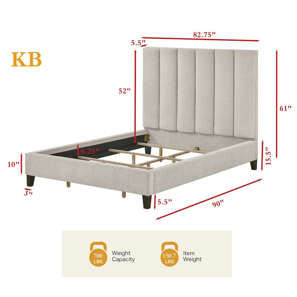 Modern Upholstered Low-Profile Bed Frame, Eastern King, Wheat Beige. Picture 7