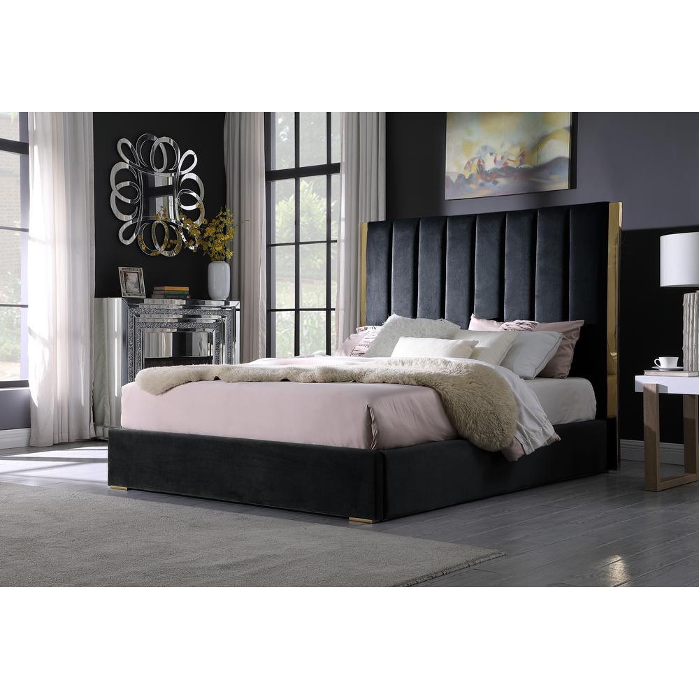 Jalen Black Velvet King Platform Bed with Gold Accents. Picture 2