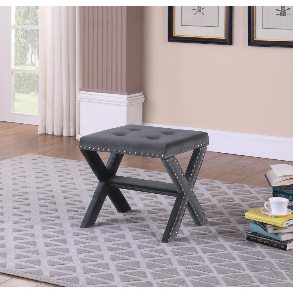 Velvet Fabric Upholstered Square Accent Bench in Gray. Picture 1
