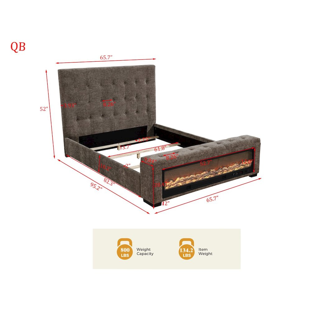 Umeria Upholstered Bed Frame with LED Fireplace Footboard, Queen, Grey Chenille. Picture 8