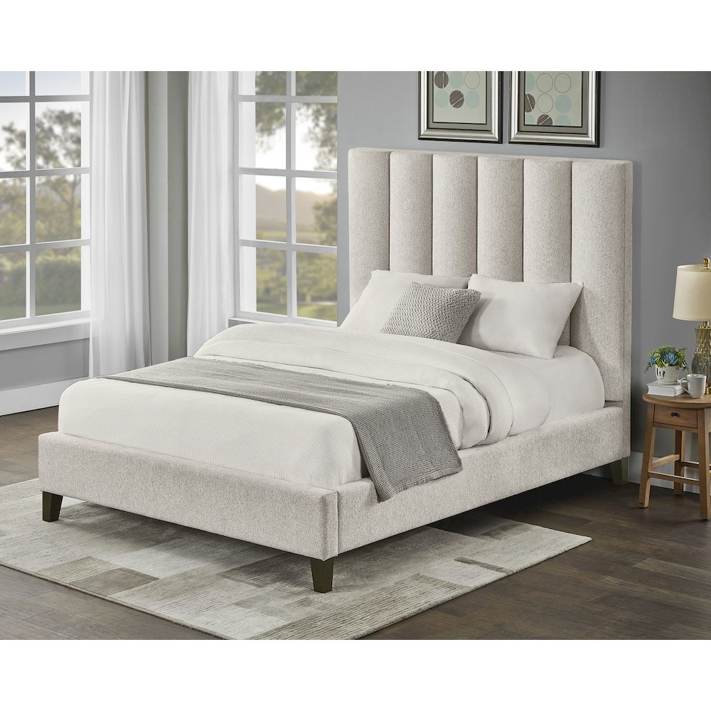 Modern Upholstered Low-Profile Bed Frame, California King, Wheat Beige. Picture 3