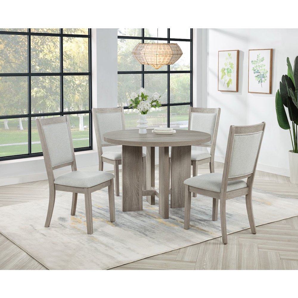 Timbria Transitional Round Dining Table with Cross Pedestal Base, Oak. Picture 4