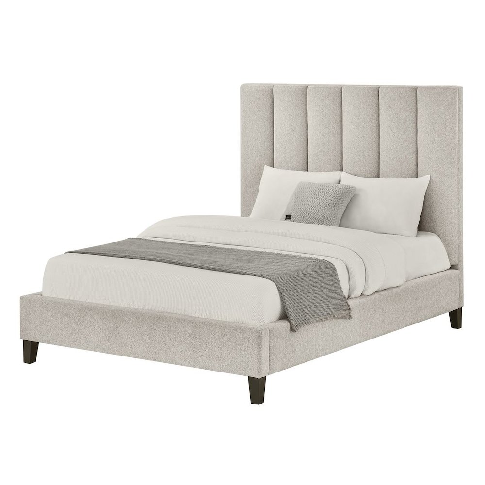 Modern Upholstered Low-Profile Bed Frame, California King, Wheat Beige. Picture 1