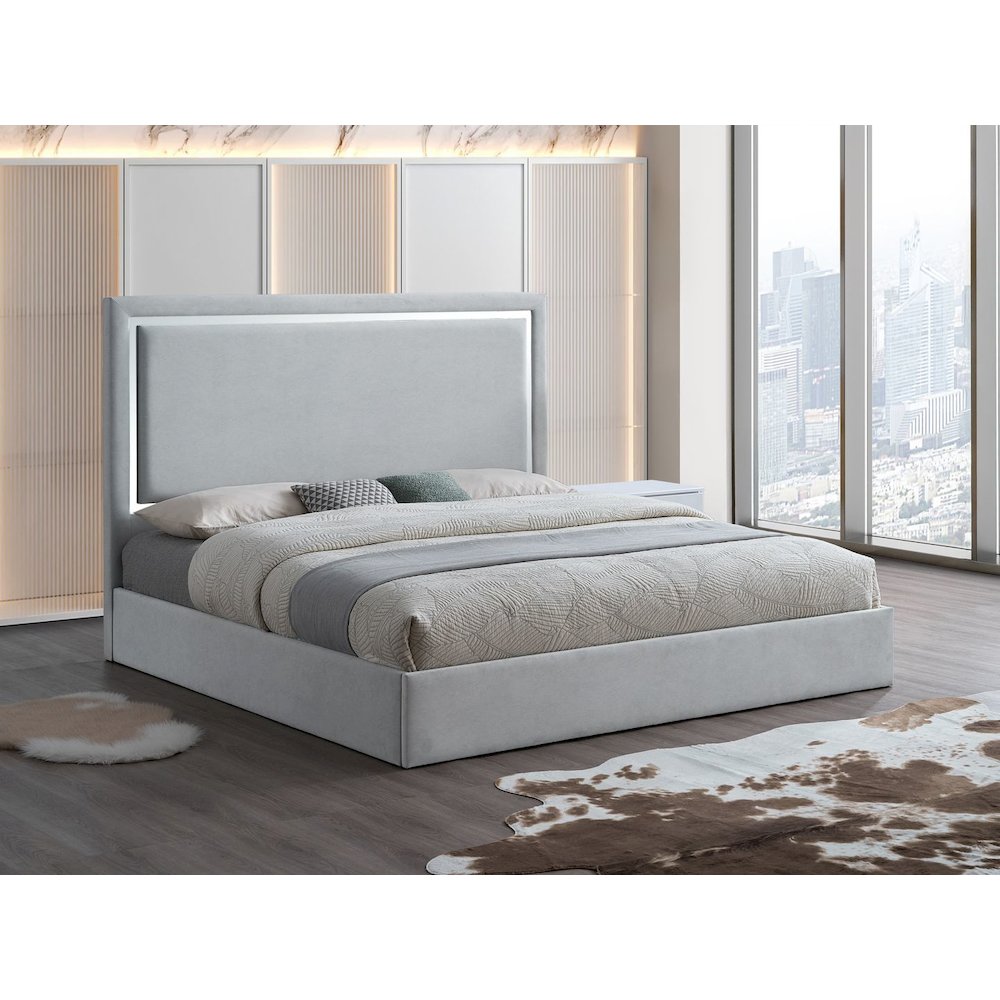 Modern Mirrored Platform Bed Frame, Queen, Gray Cloud. Picture 3