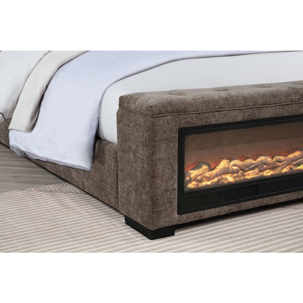 Umeria Upholstered Bed Frame with LED Fireplace Footboard, Queen, Grey Chenille. Picture 7
