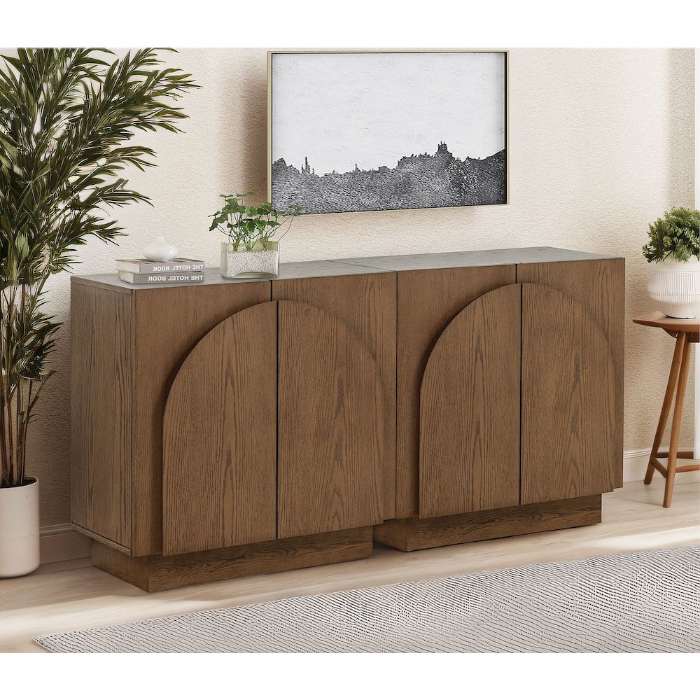 Questa Scandinavian Mid-Century 2-Door Cabinet with Arch Handles, Brown. Picture 3