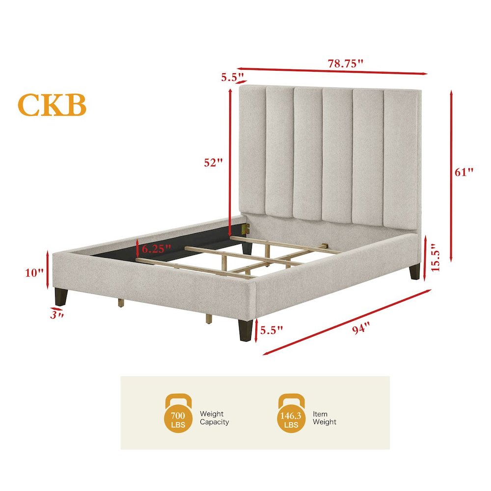Modern Upholstered Low-Profile Bed Frame, California King, Wheat Beige. Picture 7