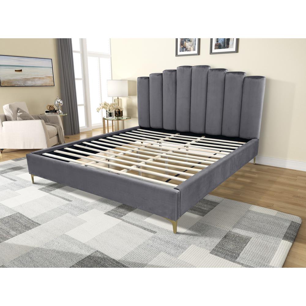 Sicily Velvet Fabric King Platform Bed in Gray. Picture 3