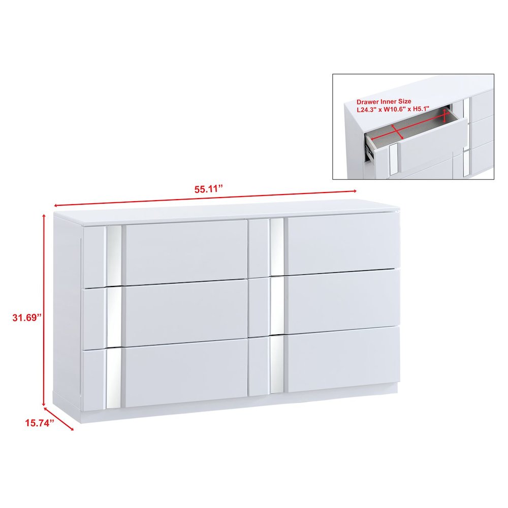 Modern Mirrored 6-Drawer Dresser, White. Picture 3