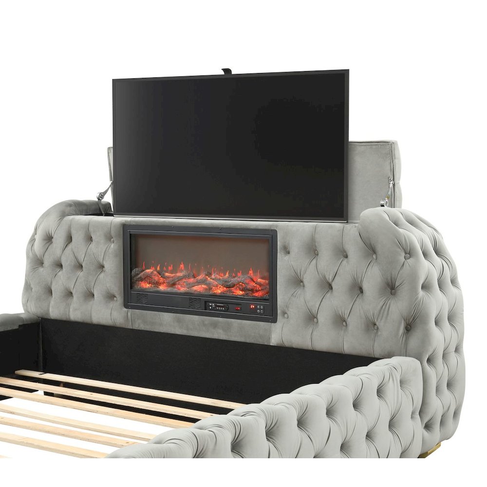 Brielle Upholstered Velvet Bed Frame with TV Stand & Fireplace, Queen, Grey. Picture 4