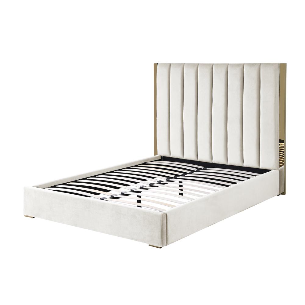 Jalen Beige Velvet Queen Platform Bed with Gold Accents. Picture 1