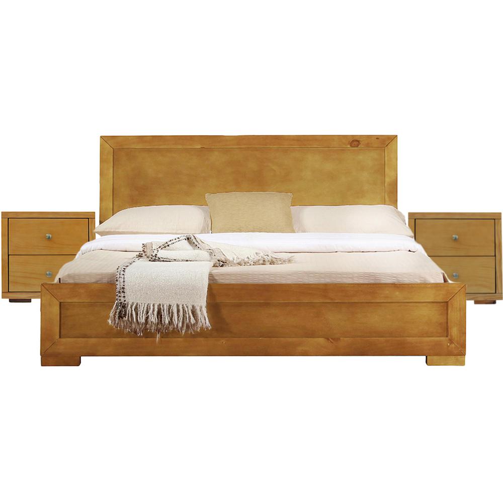 Trent Wooden Platform Bed in Oak, King with 2 Nightstands. Picture 1