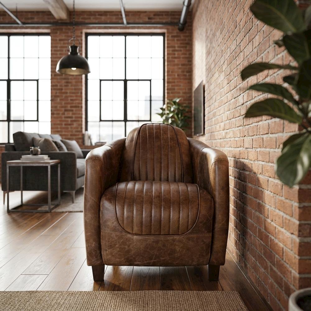 Industrial Armchair with Retro Brown Leather & Aluminum Frame. Picture 2