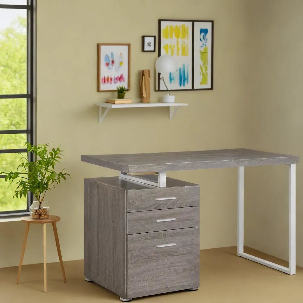 Weathered Grey 3-Drawer Office Desk with Functional Storage Solutions. Picture 5