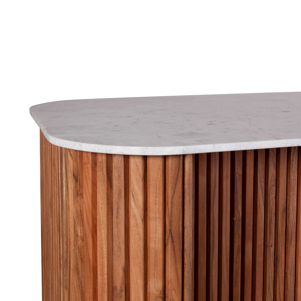 Kensington 68" Kitchen Island in Natural Acacia with White Marble Top. Picture 3