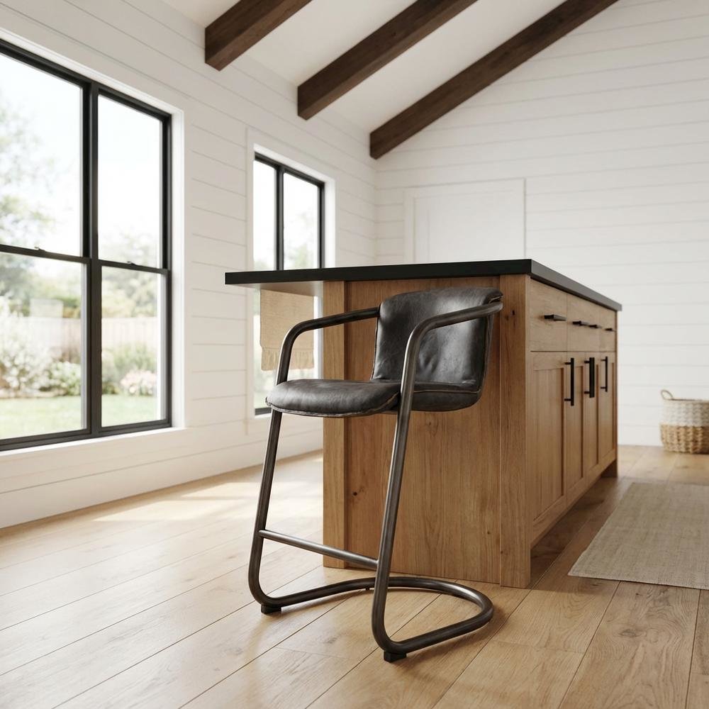 Leather Upholstered Counter Stool with Footrest,Bar Chairs, Brushed Nicel. Picture 2