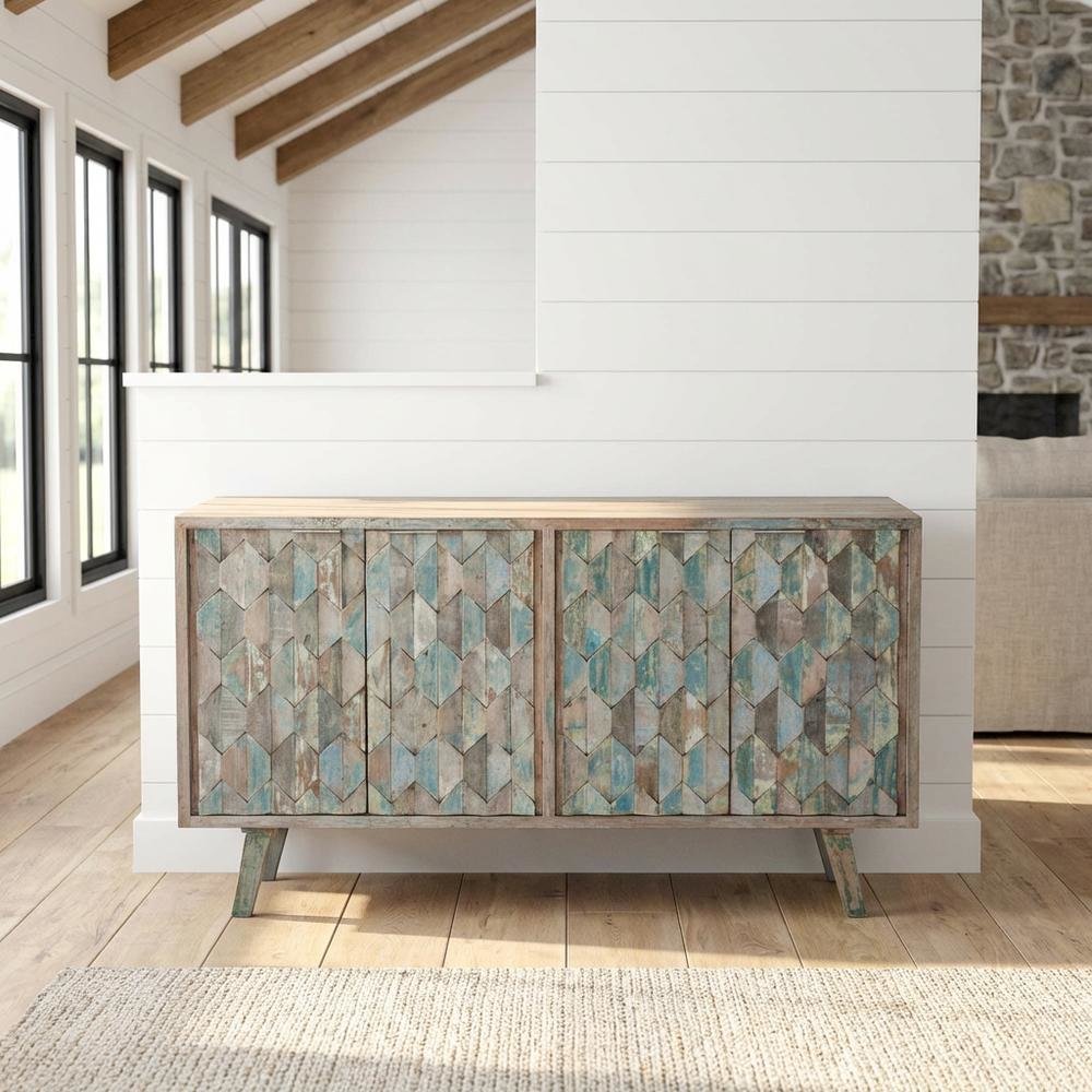 Hexagonal Wood Sideboard with 2 Shelves, Vintage Teal TV Stand for Living Room. Picture 2