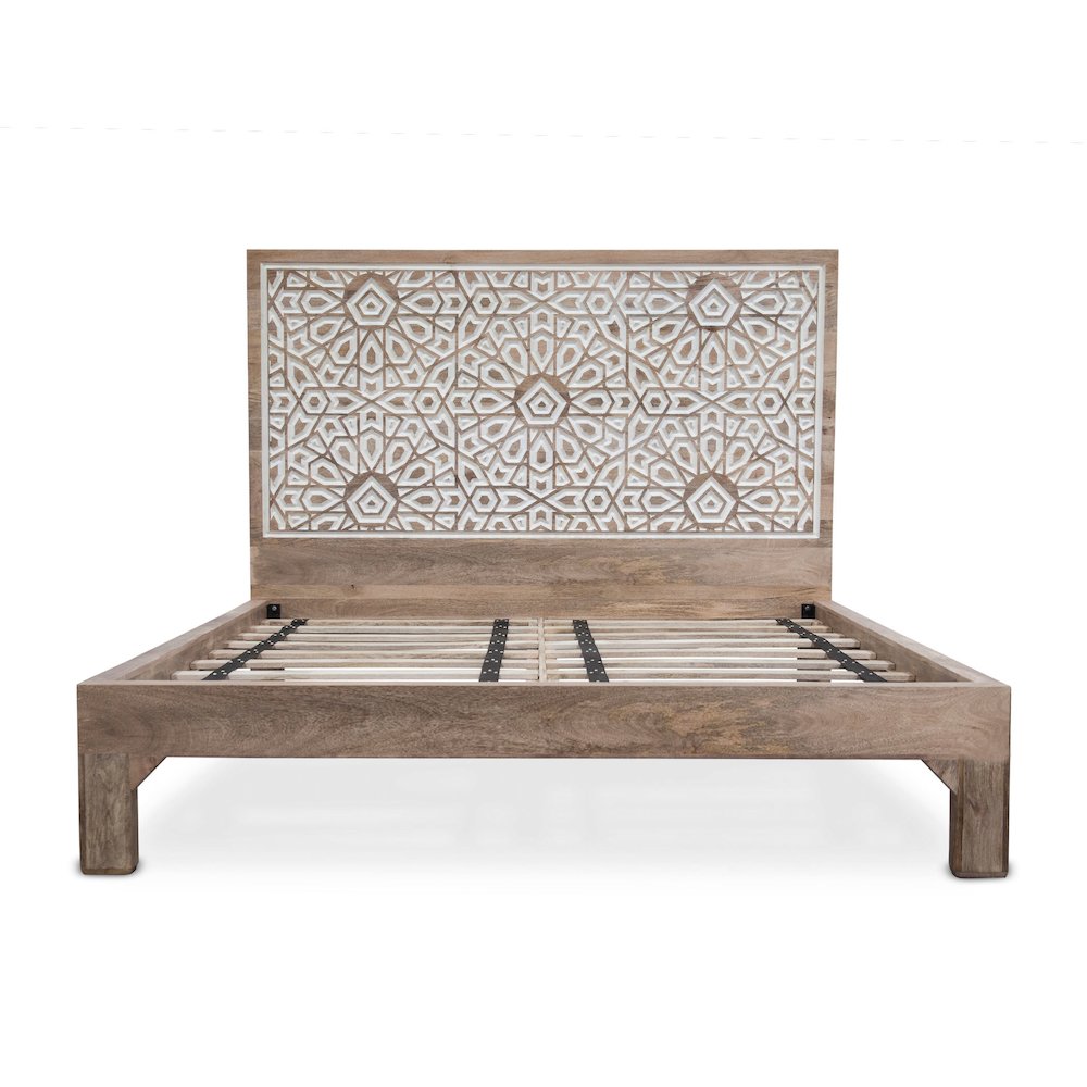 Haveli Mango Wood Geometric Carved King Bed. Picture 3