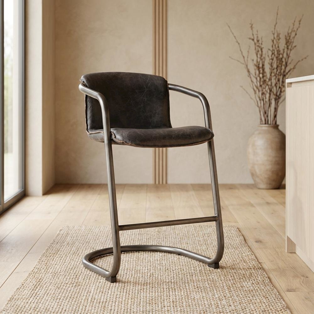Leather Upholstered Counter Stool with Footrest,Bar Chairs, Brushed Nicel. Picture 3