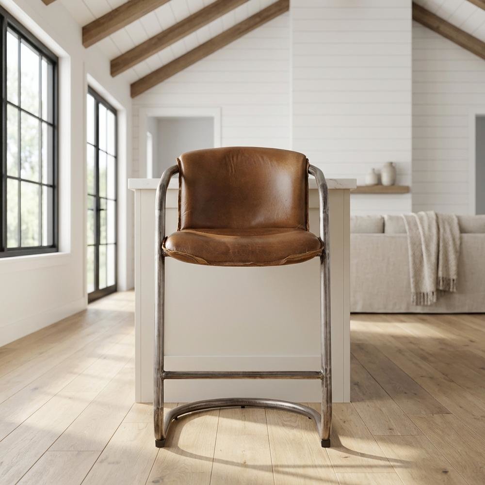 Leather Upholstered Counter Stool with Footrest, Bar Chair, Brushed Nickel. Picture 2