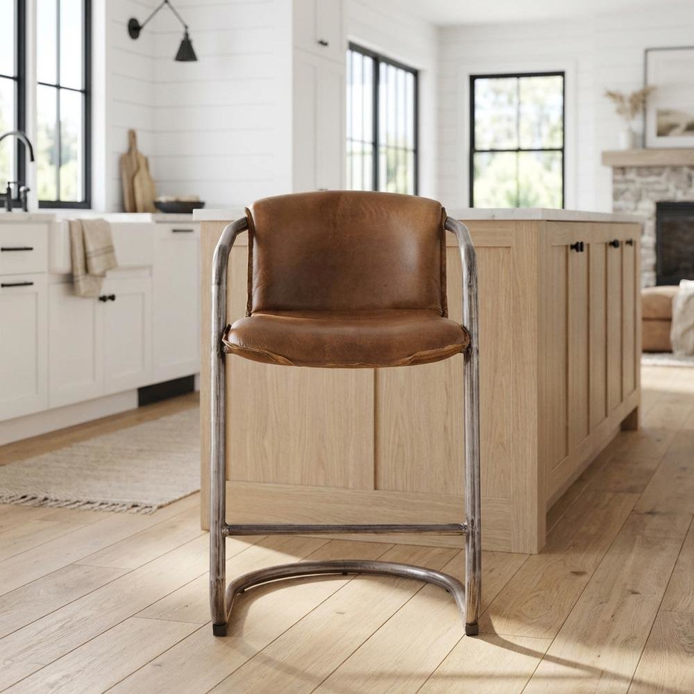 Leather Upholstered Counter Stool with Footrest, Bar Chair, Brushed Nickel. Picture 3