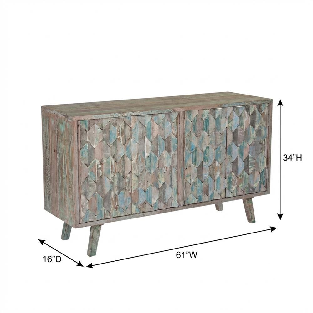 Hexagonal Wood Sideboard with 2 Shelves, Vintage Teal TV Stand for Living Room. Picture 4