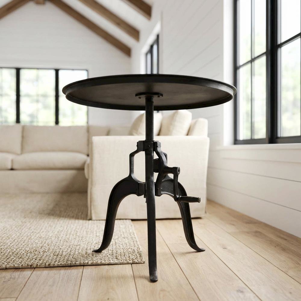 30 Inch Adjustable Height Crank Side Table, Industrial End Table, Matte Black. Picture 2