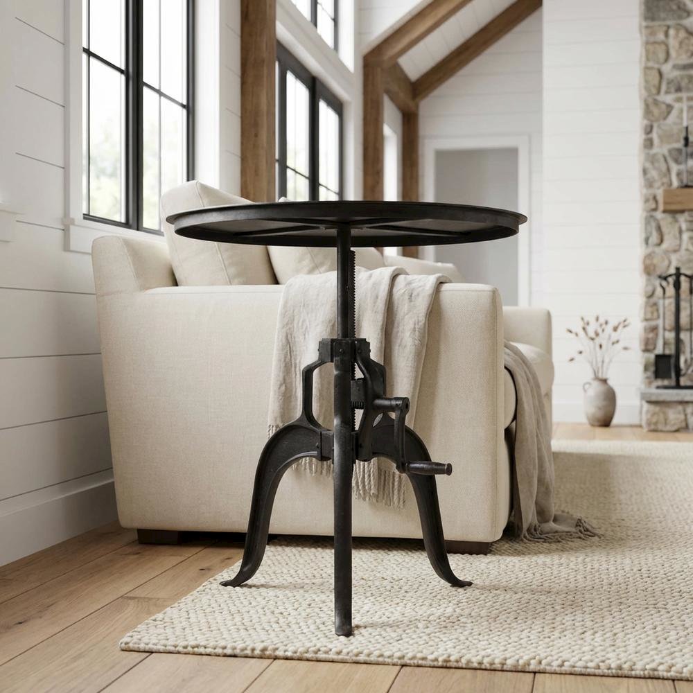 30 Inch Adjustable Height Crank Side Table, Industrial End Table, Matte Black. Picture 3