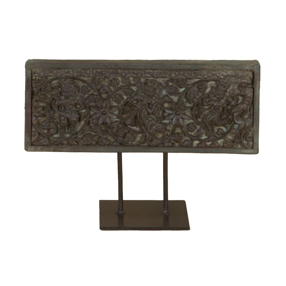 Curio 15" Carved Wood Panel on Iron Stand. Picture 1