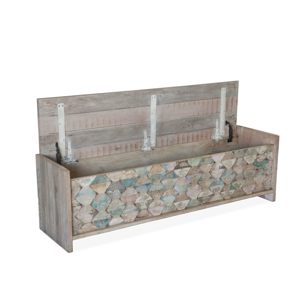 Cordoba Storage Bench in Reclaimed Wood with Vintage Teal Finish. Picture 9