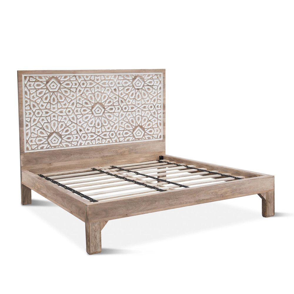 Haveli Mango Wood Geometric Carved King Bed. Picture 2