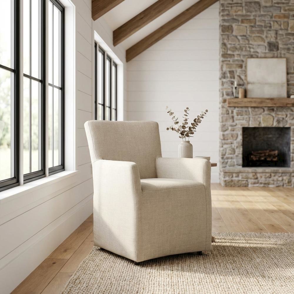 Linen Upholstered Wheeled Armchair, Modern Accent Chair for Living Room ,Beige. Picture 2