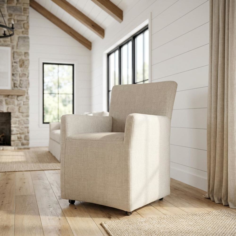 Linen Upholstered Wheeled Armchair, Modern Accent Chair for Living Room ,Beige. Picture 3