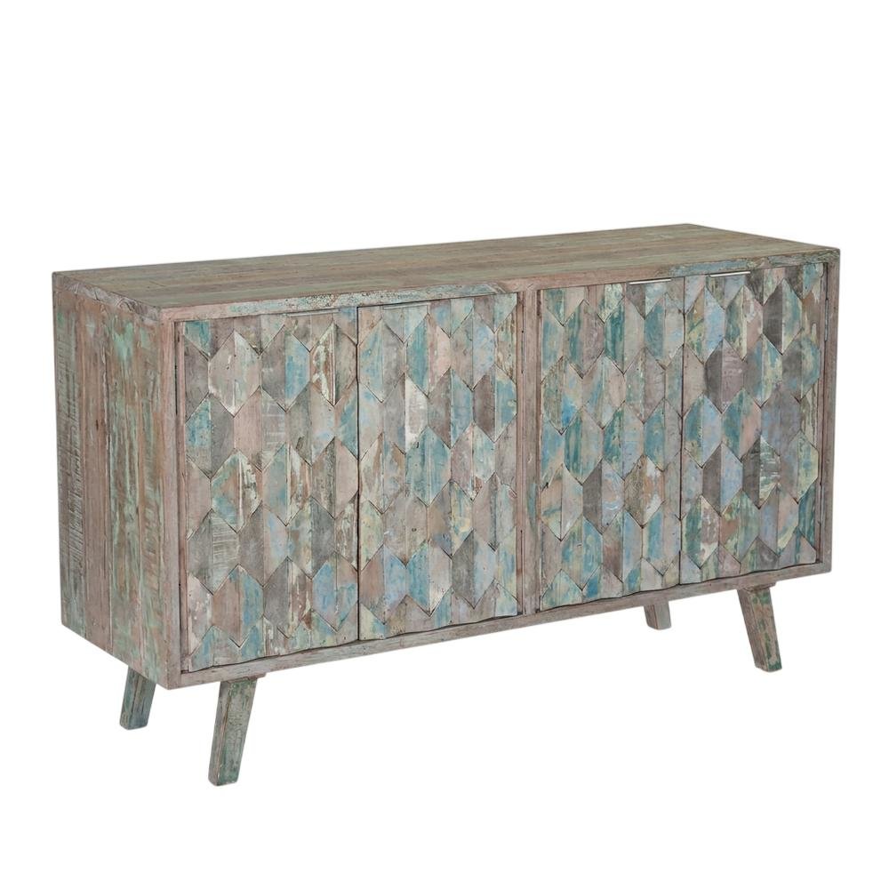 Hexagonal Wood Sideboard with 2 Shelves, Vintage Teal TV Stand for Living Room. Picture 5