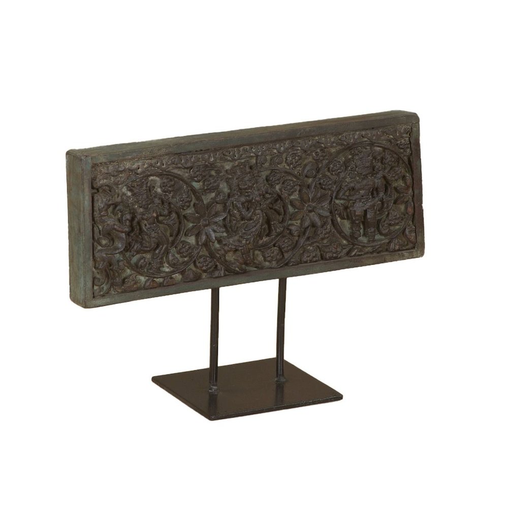 Curio 15" Carved Wood Panel on Iron Stand. Picture 2