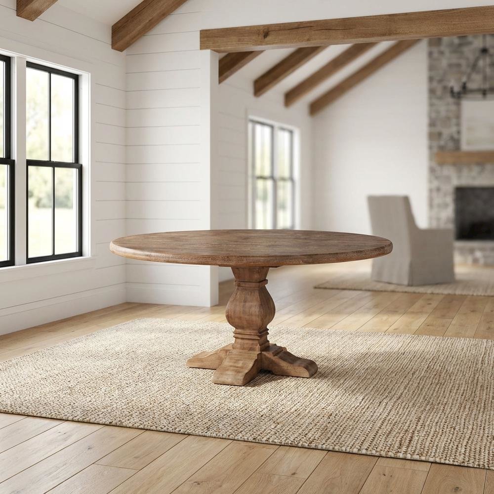 54 Inch Round Wood Dining Table, Solid Pedestal Kitchen Table, Antique Oak. Picture 2