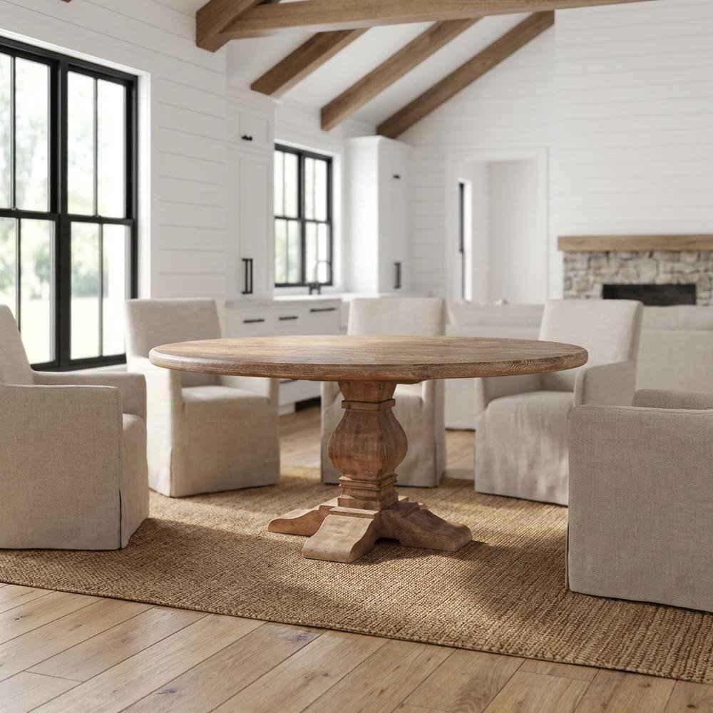 54 Inch Round Wood Dining Table, Solid Pedestal Kitchen Table, Antique Oak. Picture 3