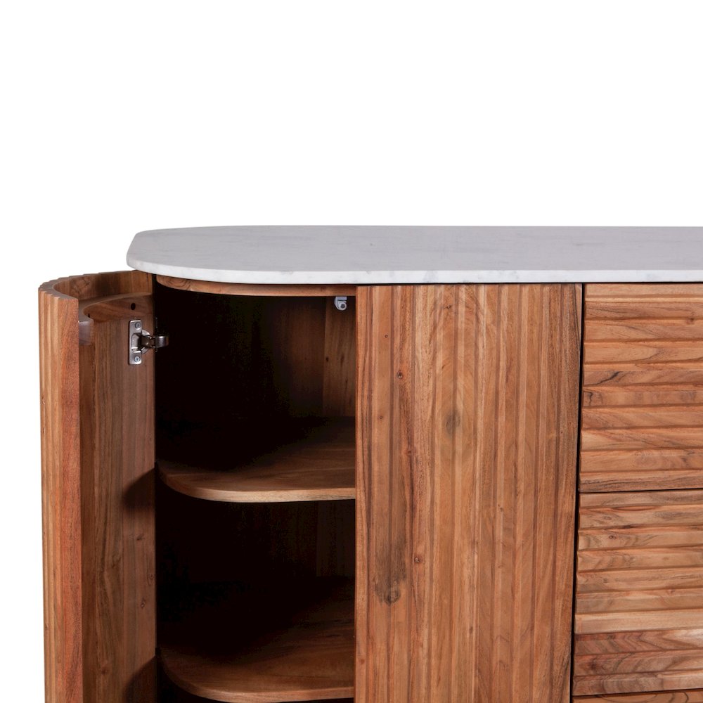 Kensington 68" Kitchen Island in Natural Acacia with White Marble Top. Picture 6