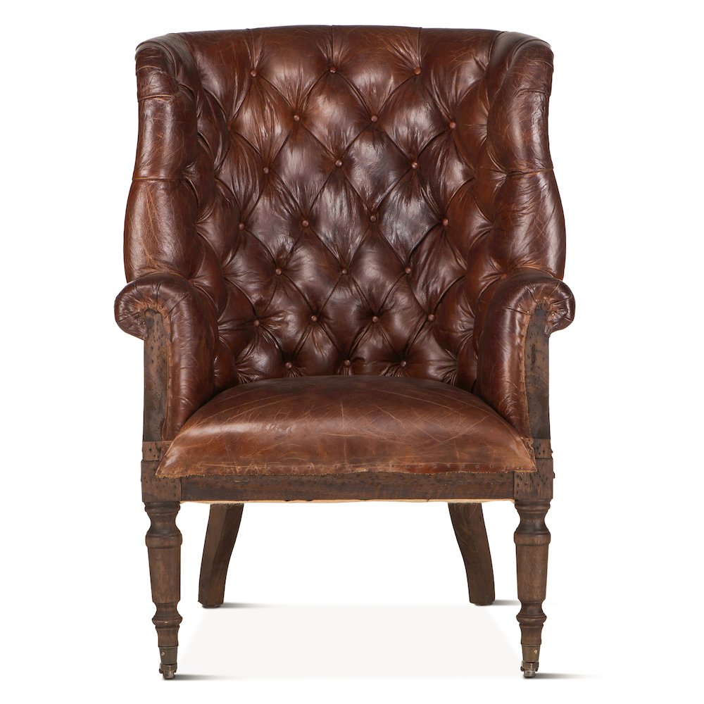 Charles Deconstructed Armchair With Vintage Cigar Leather And Solid Wood Legs. Picture 1
