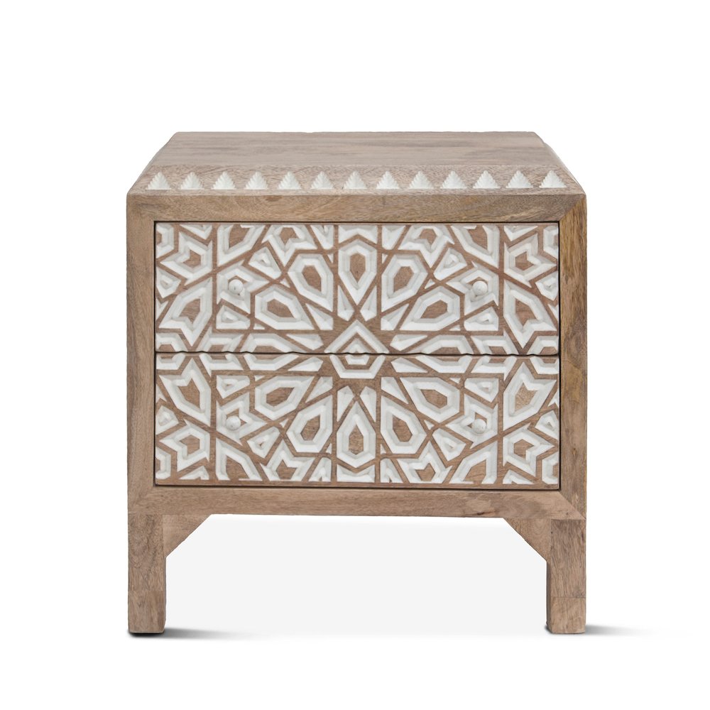 Haveli Geometric Carved Nightstand in Natural White. Picture 1