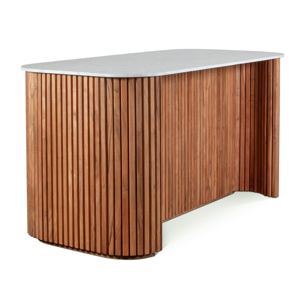 Kensington 68" Kitchen Island in Natural Acacia with White Marble Top. Picture 2
