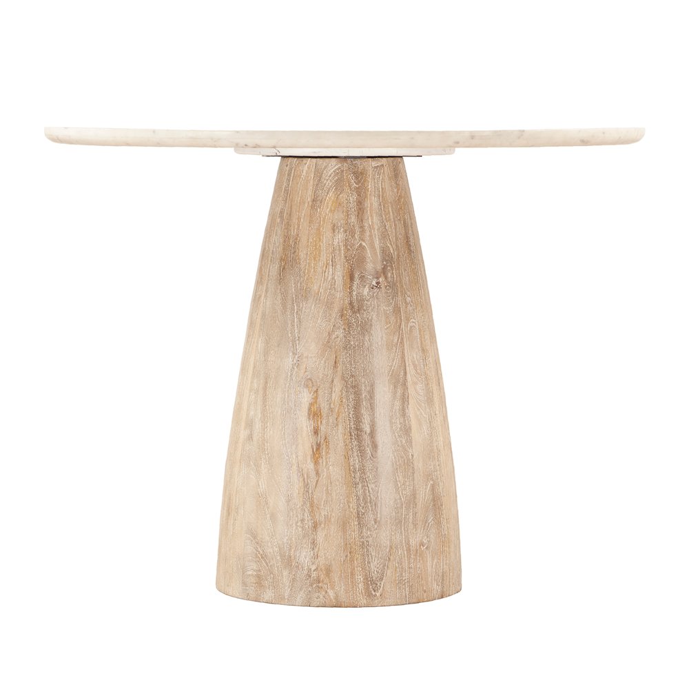 Palm Desert Natural White Marble Dining Table with Modern Washed Wood Base. Picture 3